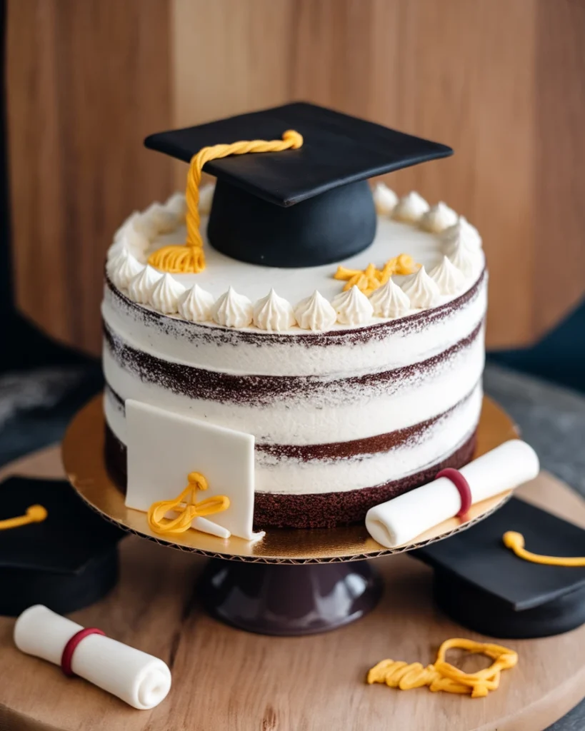 A naked-style graduation cake with layers of chocolate sponge and white frosting, topped with a fondant graduation cap, golden tassel, and edible diploma decorations.