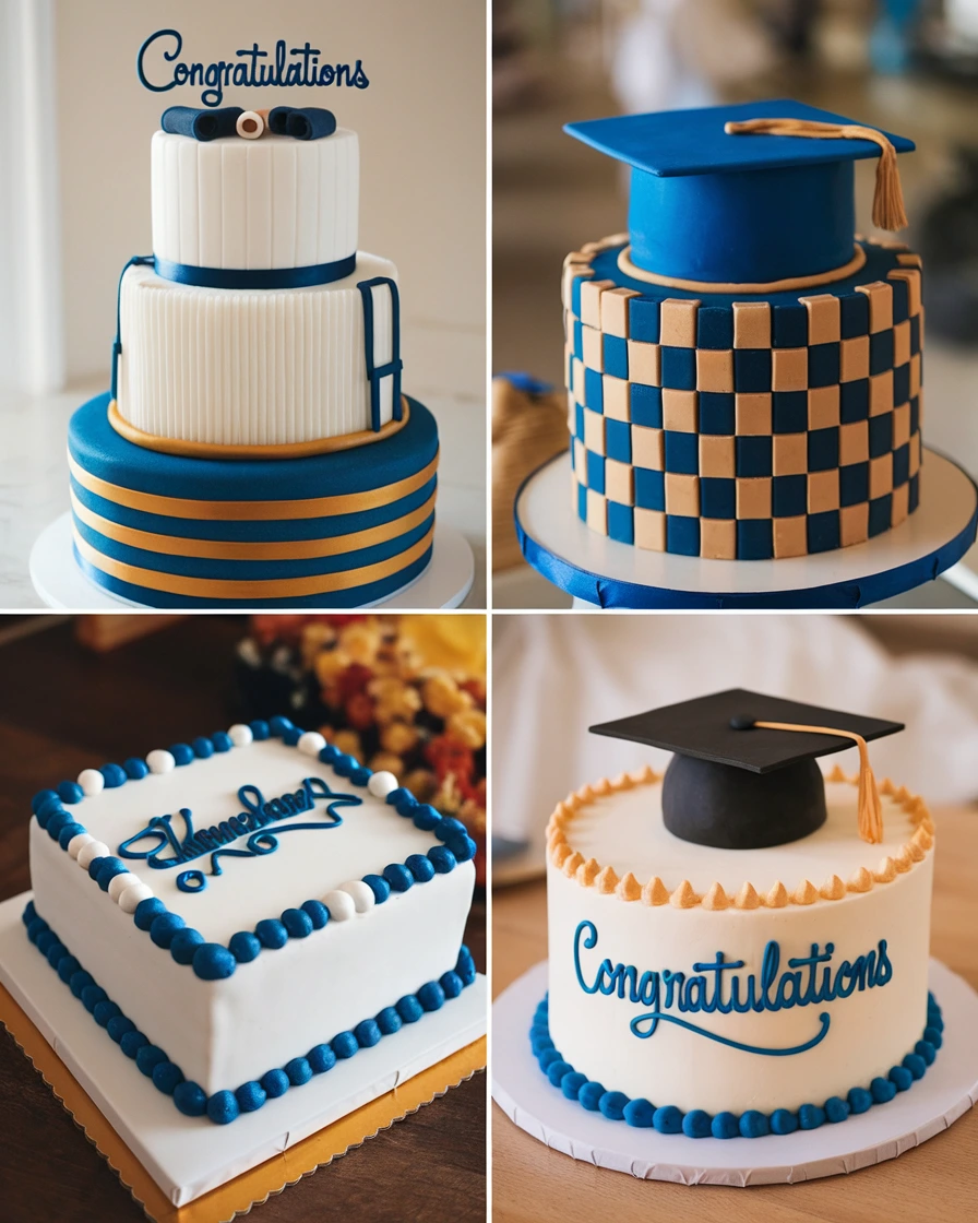 A beautifully decorated graduation cake featuring a fondant graduation cap, diploma, and edible gold accents, perfect for celebrating academic achievements