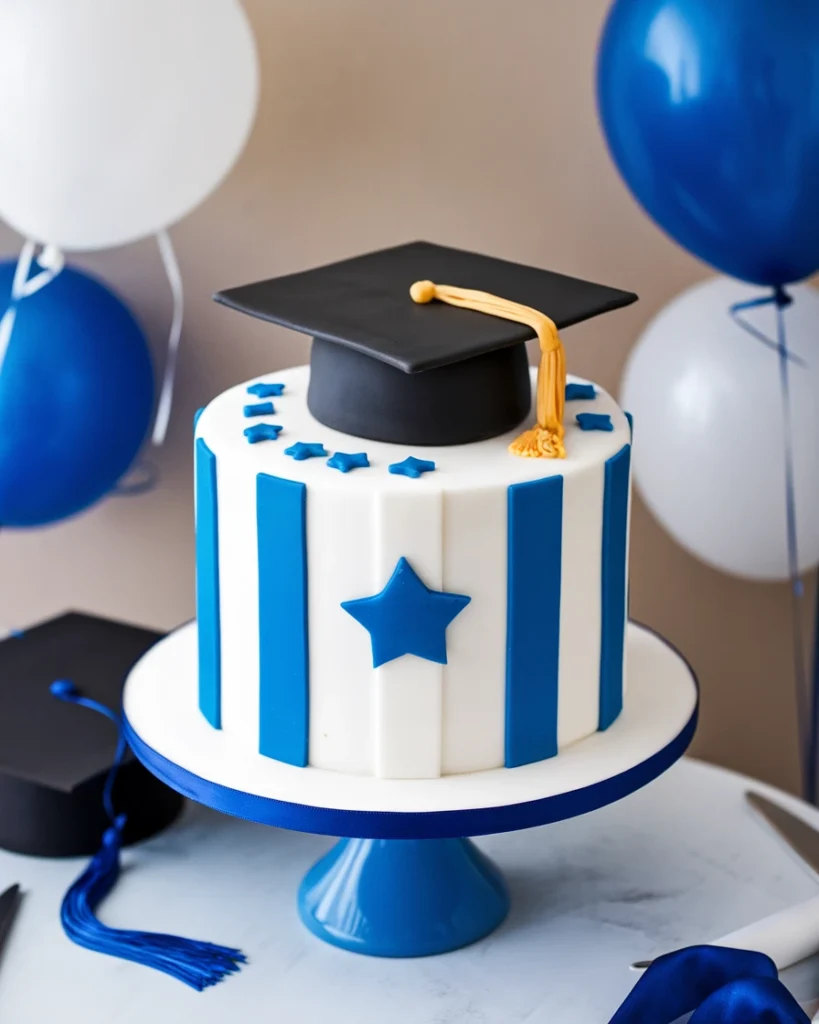 A stylish blue and white graduation cake decorated with vertical stripes, fondant stars, and topped with a black fondant graduation cap featuring a gold tassel, displayed on a blue cake stand.