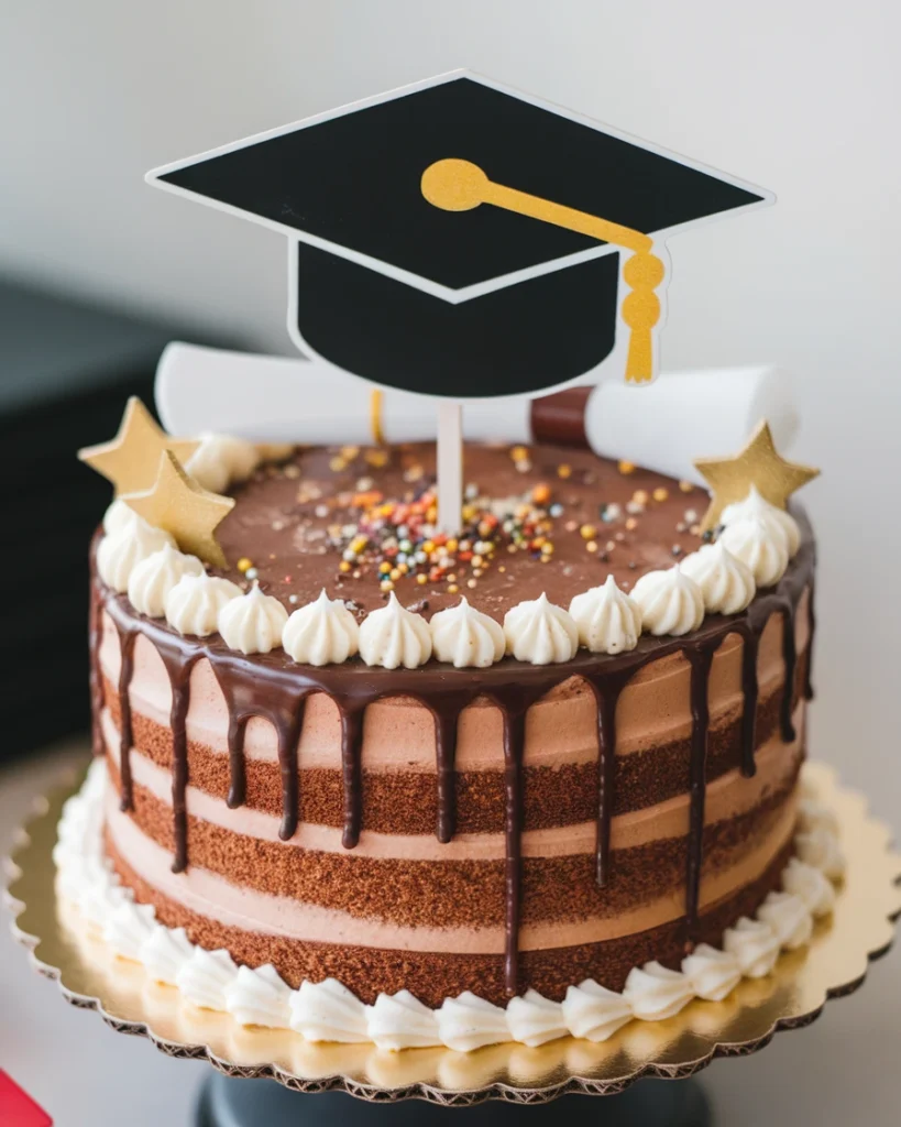 A beautifully decorated chocolate graduation cake featuring a black graduation cap topper, a diploma decoration, and gold stars.