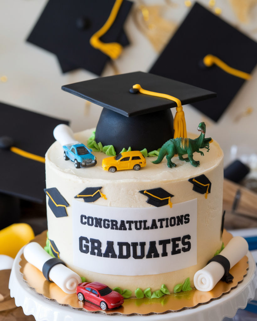 A graduation cake topped with a black fondant cap, mini diplomas, and colorful toy cars, alongside a playful dinosaur figurine, decorated with ‘Congratulations Graduates’ text and graduation-themed accents.