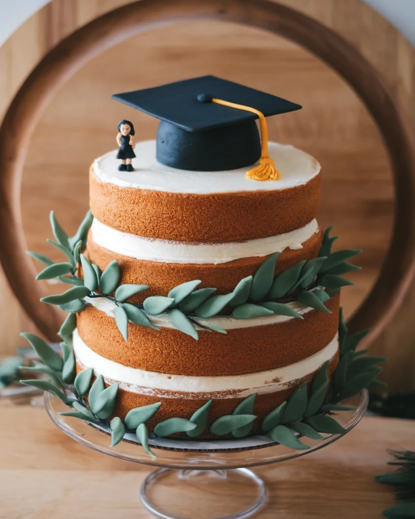 A three-tier naked-style graduation cake with cream frosting layers, adorned with fondant greenery and topped with a black graduation cap and a miniature graduate figurine.