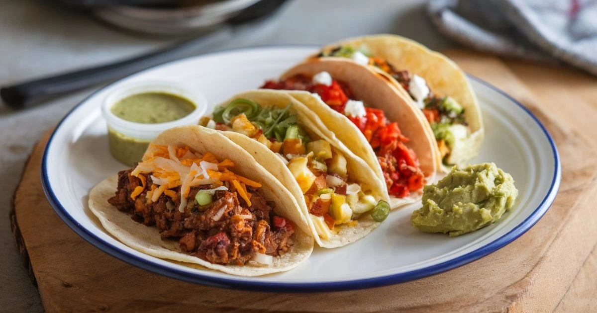 Mexican breakfast near me- A colorful plate of Mexican breakfast tacos with assorted fillings, served with a side of guacamole and green salsa.