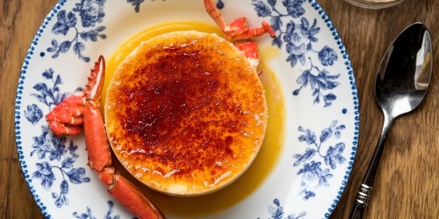 A close-up of a savory crab brulee recipe served on a blue and white floral plate with crab claws as garnish.