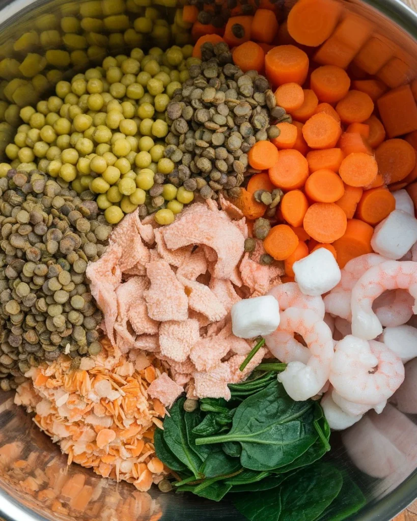 Homemade fish food recipe with shrimp, spinach, lentils, peas, carrots, and fish flakes in a bowl.