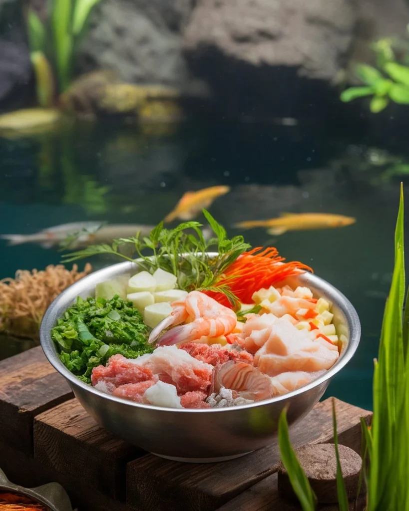 Homemade fish food recipe with shrimp, fresh vegetables, and greens in a bowl by an aquarium.