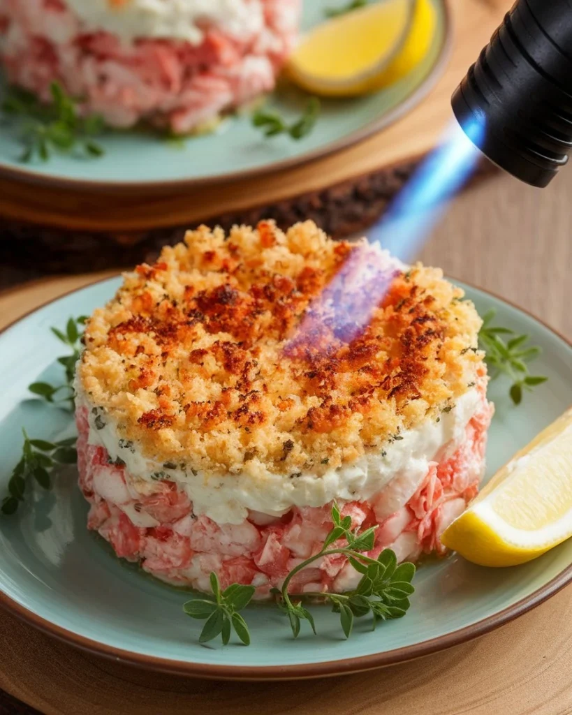 A torch caramelizing the golden crust of a savory crab brulee, served on a green plate with fresh herbs and a lemon wedge.