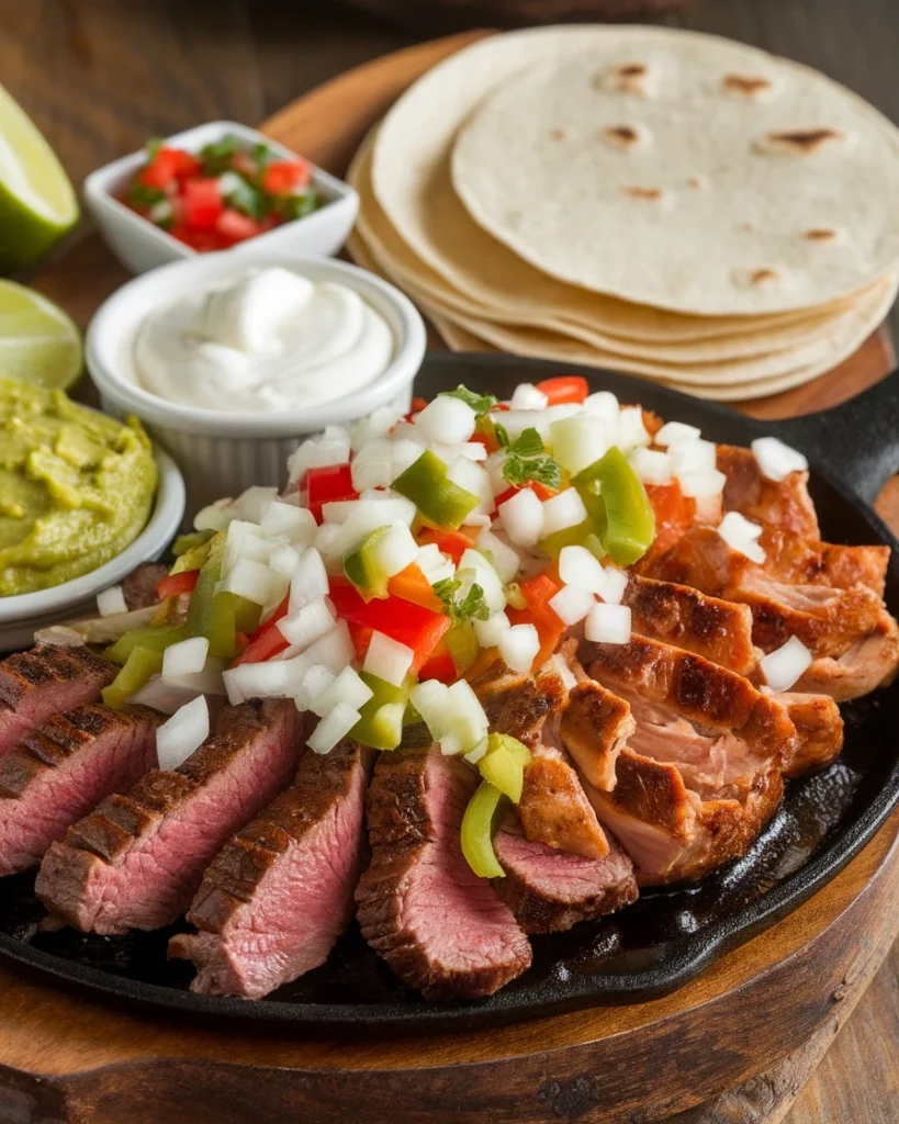 A sizzling platter of Mexican breakfast with grilled steak, fresh vegetables, tortillas, guacamole, sour cream, and salsa, perfect for a hearty start to the day.