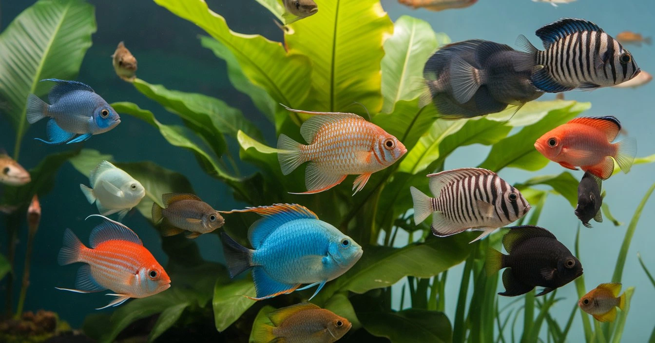 A vibrant aquarium showcasing tropical and freshwater fish swimming among lush green aquatic plants.