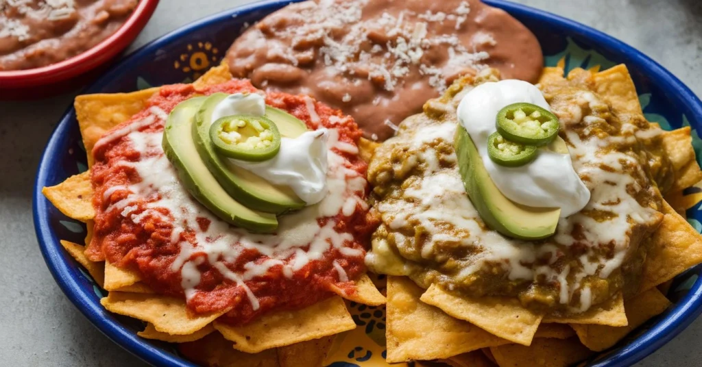 Mexican breakfast near me – A vibrant plate of chilaquiles topped with red and green salsa, sour cream, avocado slices, jalapeños, and refried beans on the side.