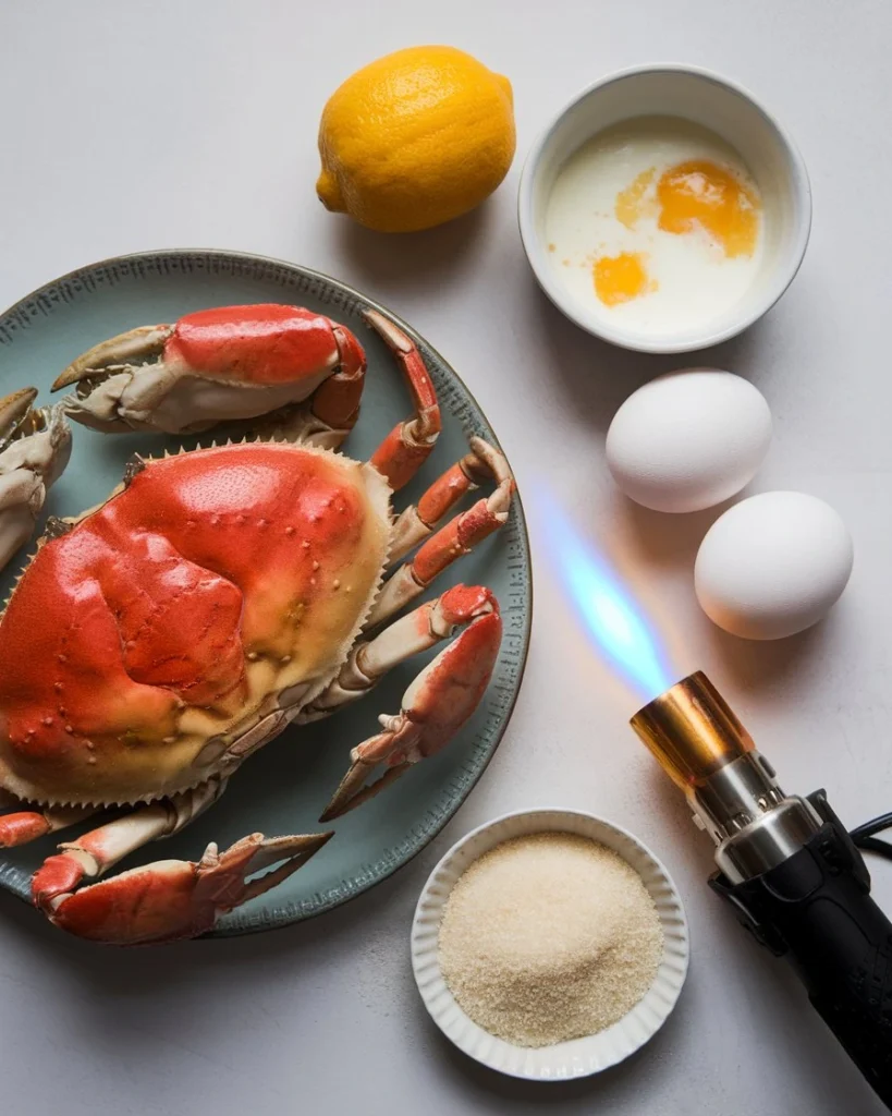 Ingredients for a crab brulee recipe, including a whole crab, eggs, sugar, cream, lemon, and a culinary torch displayed on a white background.